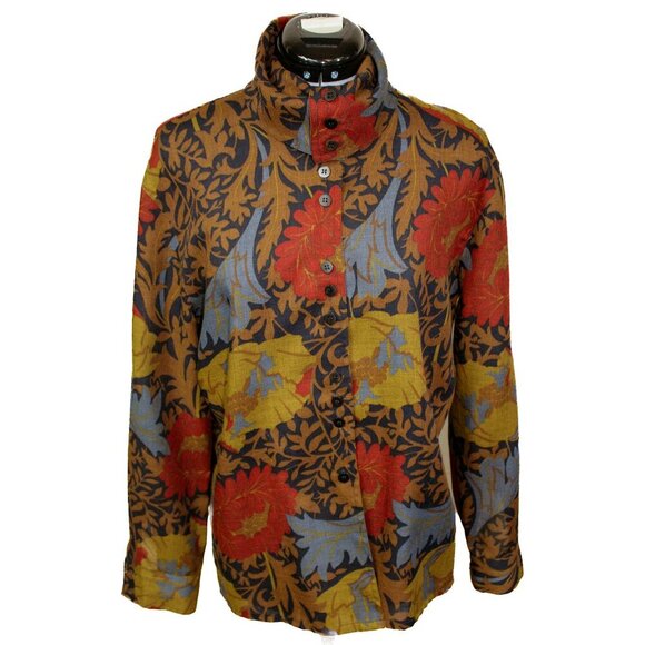 MONDI Womens Medium Brown Paisley Button Up Top Collar Mockneck Wool Blend Boho - Picture 1 of 5